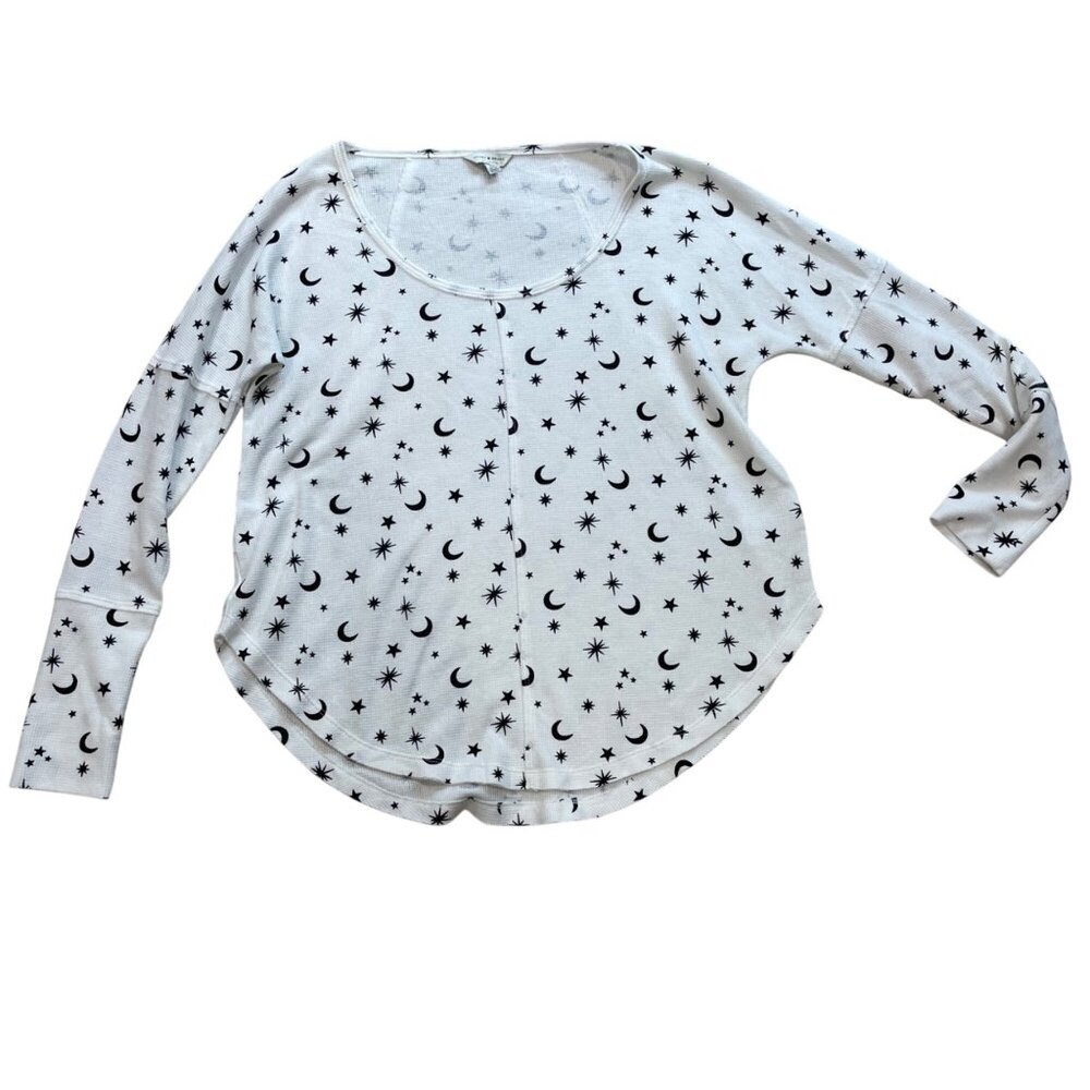 Lucky Brand Waffle Knit Tee Women's Size Medium Star Moon Print Black White